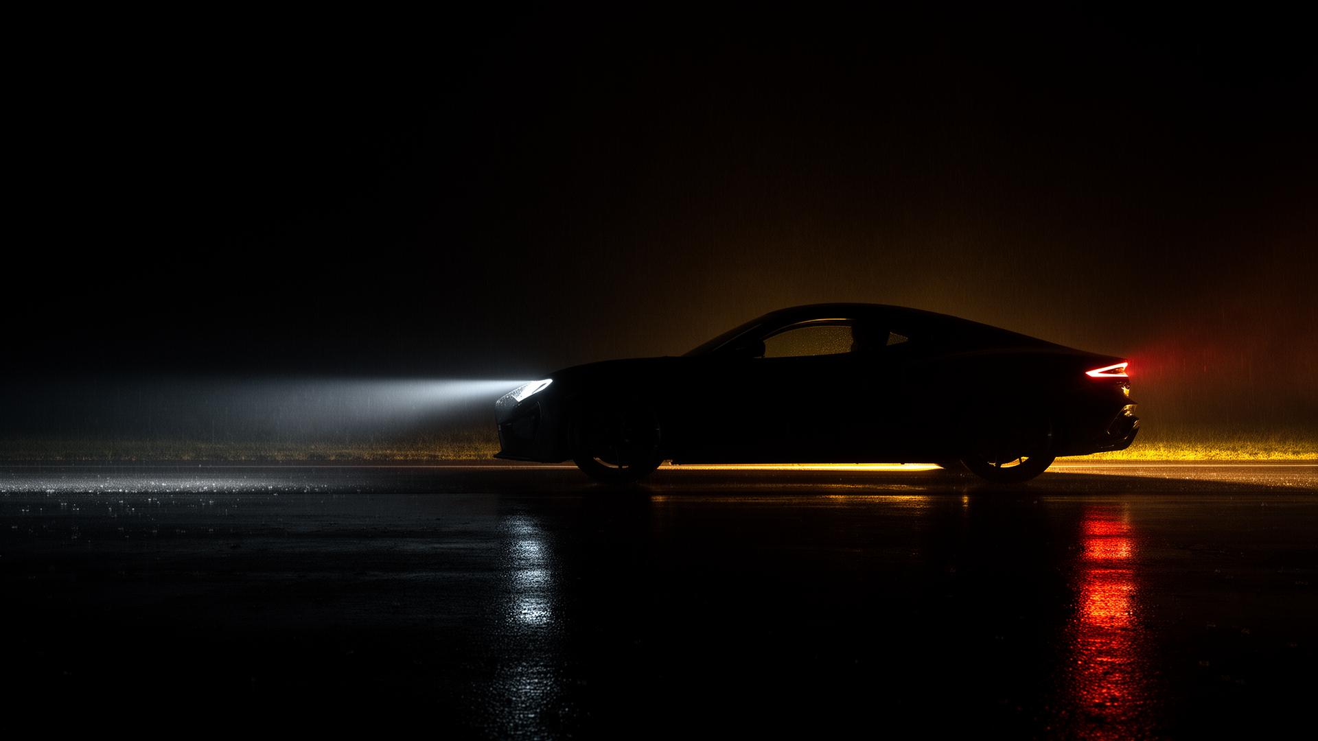 Sleek sports car silhouette at night on a rain-slicked road